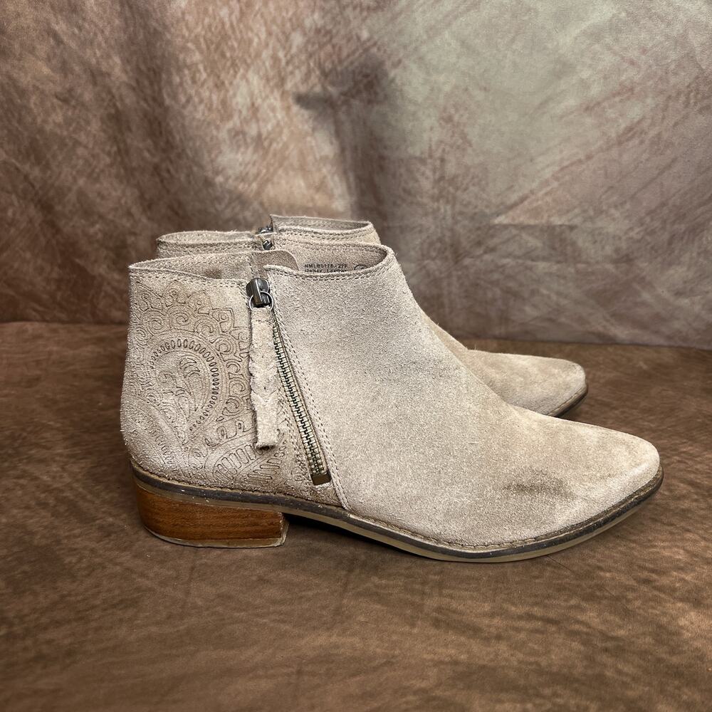 Naughty Monkey Engraved Suede Leather Ankle Boots Beige Taupe Mandala Women's 8